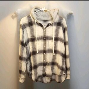 American Eagle Distressed Flannel Hoodie Oversized Women's Small Gray White